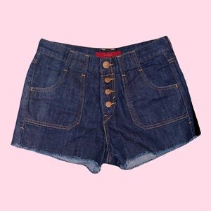 LEVIS COTTON DENIM HIGH WAISTED DARK WASH BUTTON FLY RAW HEM SNAP POCKET SHORTS
